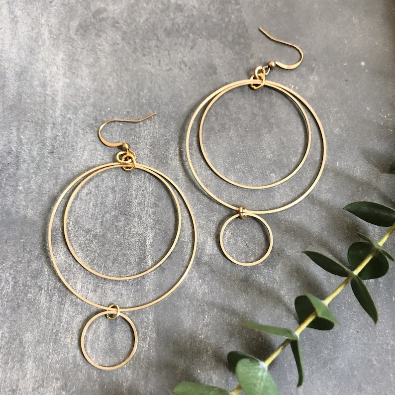 Rivanna Earrings Brass Double Circles Hoop Brass Statement Geometric Dangles Unique Handmade in Philadelphia image 2