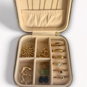 Pu&ograve; includere: Astuccio da viaggio per gioielli beige aperto, con vari orecchini, anelli e collane dorate. L'astuccio ha una chiusura a zip. Gli anelli includono il testo "GO PHILS". Orecchini con forme astratte e perline verdi e nere.