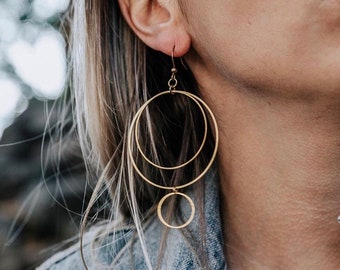 Rivanna Earrings ~ Brass~ Double Circles Hoop Brass Statement Geometric Dangles Unique Handmade in Philadelphia