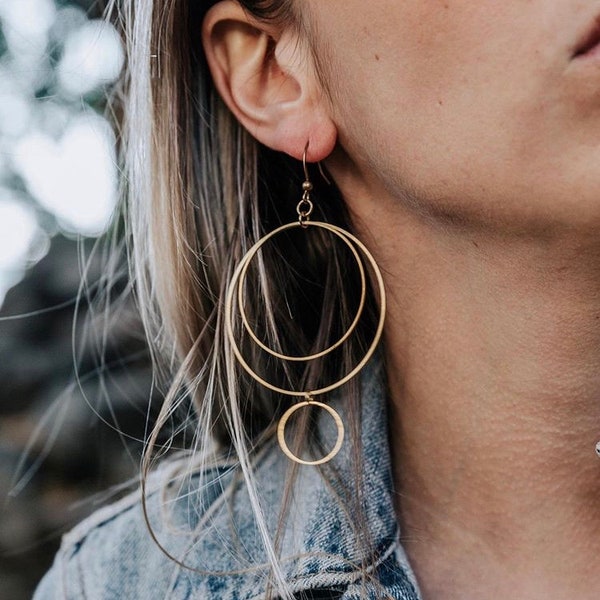 Rivanna Earrings ~ Brass~ Double Circles Hoop Brass Statement Geometric Dangles Unique Handmade in Philadelphia