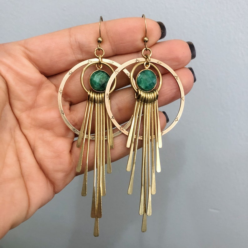 Mullica Earrings with Emerald Delicate Brass Fringe Sun Ray Gold Green Gemstone Dangles Handmade in Philadelphia Geometric Jewelry image 1