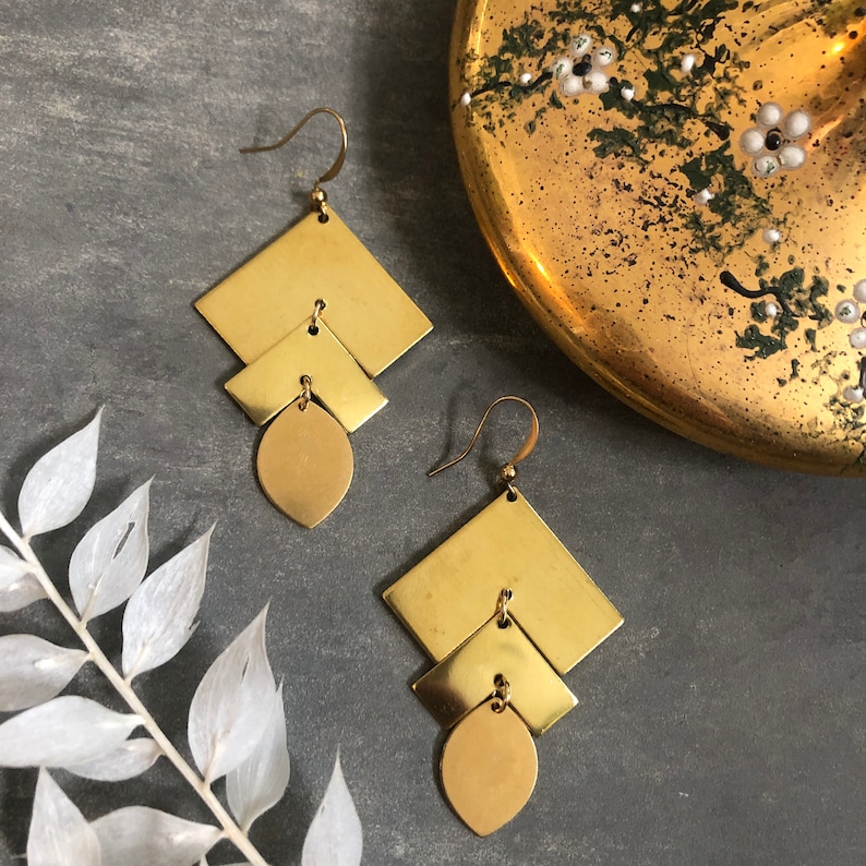 Shelby Earrings ~ Chevron /& Teardrop Oval Geometric Brass Jewelry made in Philadelphia Quadrat Collection GE139