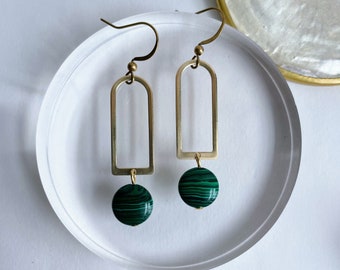 Arthur Earrings ~ Malachite ~ Brass U Shaped Arc Geometric Dangles man-made green gemstone