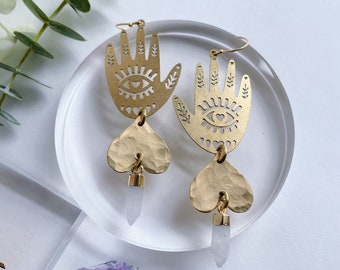 Laura Earrings ~ Moonstone ~ Statement Hamsa Hand Evil Eye Heart Gold Brass long Dangles with Gemstones Spike Geometric Jewelry