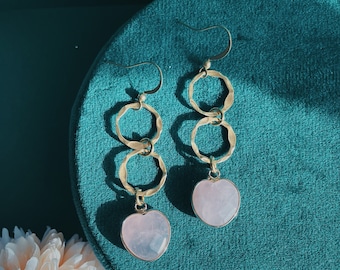 Lilith Earrings w/ Rose Quartz ~ Love Collection~ Hammered Brass & Heart Gemstone Handmade Geometric Jewelry Valentine's Gift