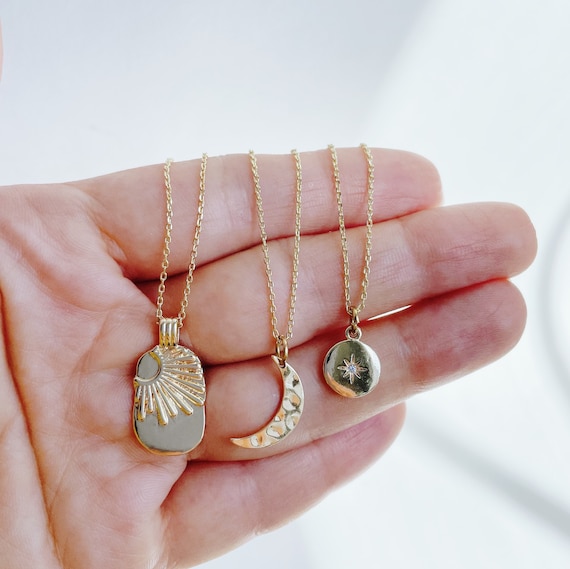 Sun Moon Star Necklaces Gold Plated Delicate Charm Pendant on Short Chain Handmade in Philadelphia Etsy