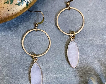 Ashley Earrings ~ Rose Quartz ~ Brass Circle and Marquise shaped natural Pink Gemstones Geometric Jewelry