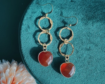 Lilith Earrings w/ Red Jasper ~ Love Collection~ Hammered Brass & Heart Gemstone Handmade Geometric Jewelry Valentine's Gift