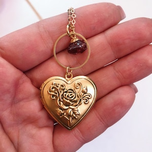 Rose to my Heart Locket Necklace ~ Vintage Textured Pendant Red Garnet Gemstone Long Gold Plated Chain Handmade in Philadelphia