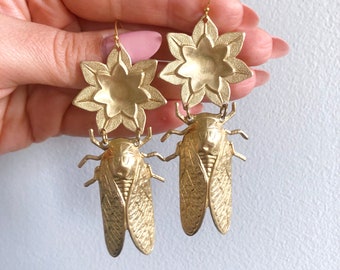 Cicada Earrings ~ Statement Brass Dangles Handmade in Philadelphia Insect Bug Flower Lotus Spring Summer Gold Jewelry