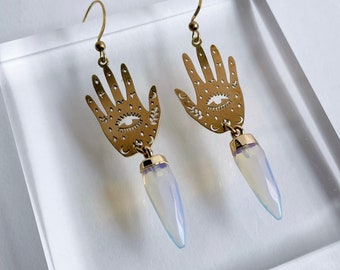 Protection Earrings ~ Opalite~ Hand Evil Eye Crystal Celestial Brass Dangles Spike Gemstones Boho Jewelry