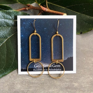 Arthur Earrings ~ Circle Brass Gold U Shaped Arc Geometric Dangle Hook Earrings Unique Gift Handmade in Philadelphia