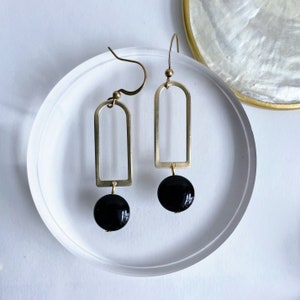 Arthur Earrings ~ Onyx ~ Brass U Shaped Arc black gemstone Geometric Dangle Hook Earrings Unique Gift