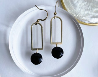 Arthur Earrings ~ Onyx ~ Brass U Shaped Arc black gemstone Geometric Dangle Hook Earrings Unique Gift