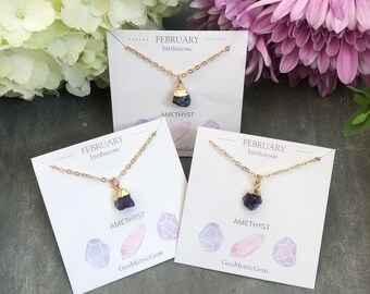 Birthstone Necklace ~ February ~ Amethyst Crystal Gold Electroplated Raw Purple Gemstone & gold plated Chain Pendant Birthday Gift