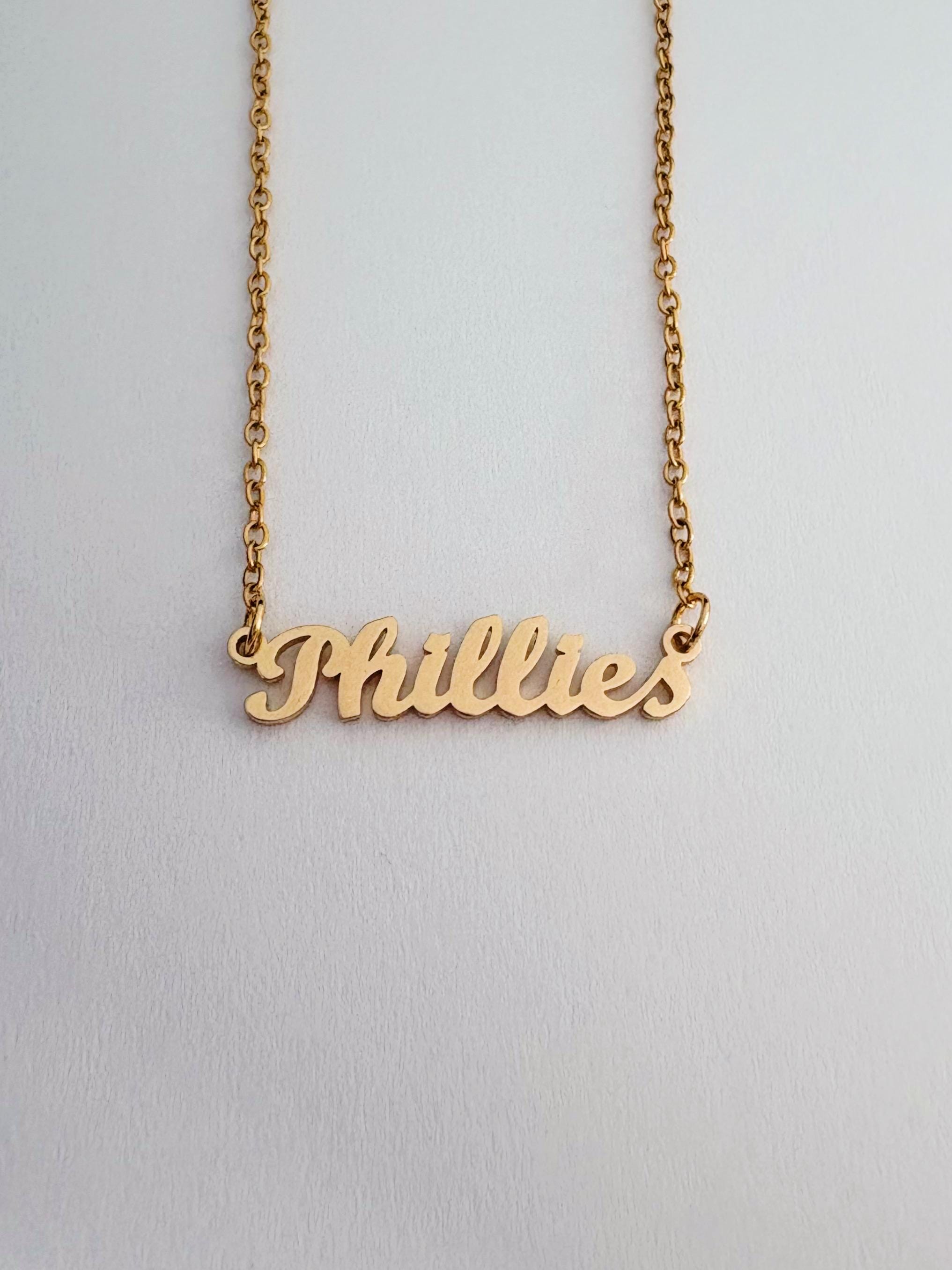 Phillies Necklace ~ cursive font ~Gold Plated Stainless Steel Delicate Charm Pendant on Short Chain Philly Phillies Philadelphia