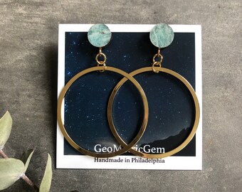 Smith Earrings ~ Amazonite ~ 14K Gold Plated Circle & Mint Green Gemstone Brass Stud Handmade in Philadelphia