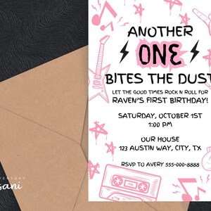 May include: Pink and black birthday party invitation with a rock and roll theme. The invitation says "Another One Bites the Dust" and includes a guitar, a cassette tape, and a tongue. The invitation is for Raven's first birthday party on Saturday, October 1st at 1:00 PM. The address is 123 Austin Way, City, TX. RSVP to Avery at 555-000-8888.