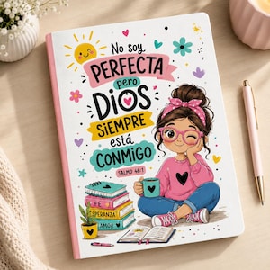 May include: A white notebook featuring a cartoon illustration of a person with a pink headband and glasses holding a teal mug. The text reads No soy PERFECTA pero DIOS SIEMPRE está CONMIGO SALMO 46:1. Below are stacked books labeled FE, ESPERANZA, AMOR.