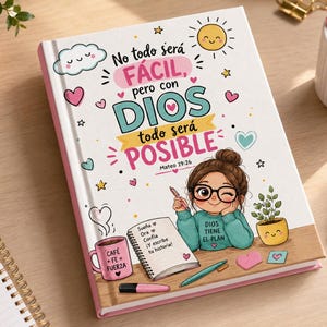 May include: A white hardcover journal featuring a cartoon illustration of a person with glasses and a teal sweater. The cover text reads: No todo será FÁCIL, pero con DIOS todo será POSIBLE, Mateo 19:26. Includes drawings of a coffee mug, a notebook, and a plant.