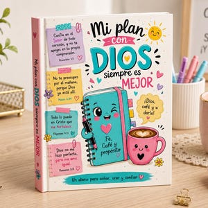 May include: A hardcover book titled Mi plan con DIOS siempre es MEJOR featuring a colorful cover with illustrations of a smiling notebook, a pink coffee mug, and several sticky notes with Spanish text, all set against a white background.
