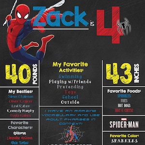 Puede incluir: Un cartel de cumpleaños en una pizarra para un niño que cumple cuatro años. El cartel tiene un tema de Spiderman con un personaje de Spiderman rojo y azul, un número cuatro amarillo y una araña negra. El cartel incluye información sobre las actividades, los alimentos, los personajes y los libros favoritos del niño. El cartel también indica que el niño pesa 40 libras y mide 43 pulgadas.