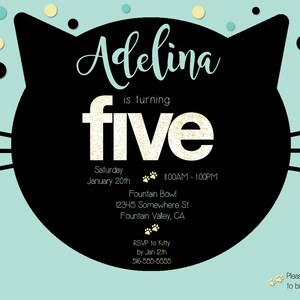 Cat Theme Birthday Invitation, 5th Birthday, Kitty Cat, Mint Green