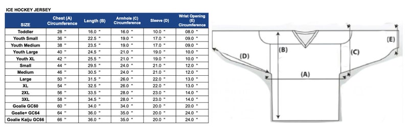 May include: A size chart for ice hockey jerseys with measurements in inches for chest, length, armhole, sleeve, and wrist opening circumference. The chart includes sizes for toddler, youth small, youth medium, youth large, youth XL, small, medium, large, XL, 2XL, 3XL, goalie GC60, goalie GC64, and goalie Kalju GC66.