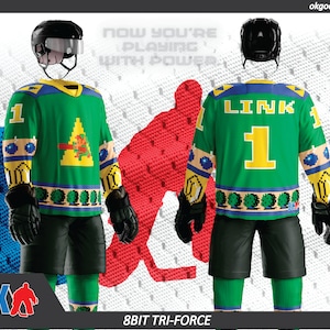 May include: A green and yellow hockey jersey with a pixelated image of Link from the Legend of Zelda video game. The jersey has the text "LINK" and the number "1" on the back. The jersey is on a white background with the text "8BIT TRI-FORCE" below it.