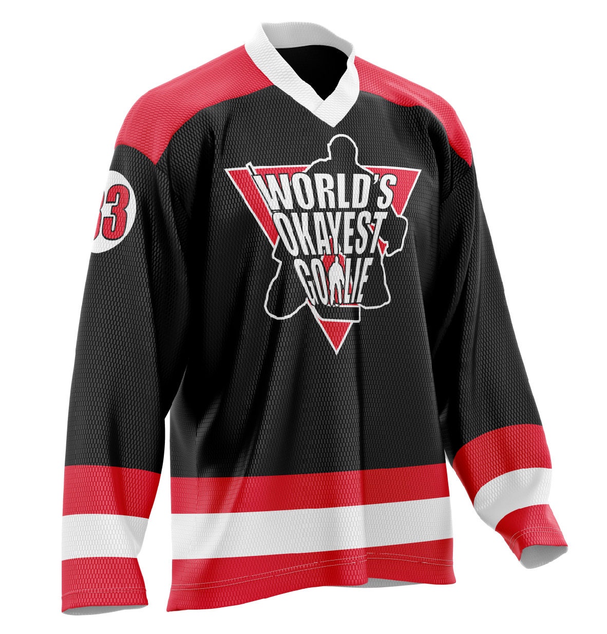 World's Okayest Goalie Hockey Jersey Black/Red/White