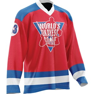 World&#39;s Okayest Goalie Hockey Jersey Red/Blue/White