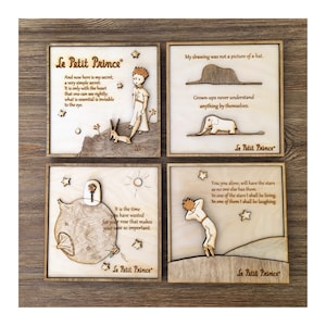 Wood Frame set of 4 - The Little Prince / Wood engraved frame / The Little prince wall decor