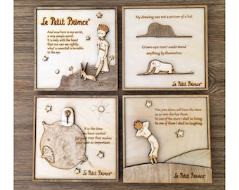 Wood Frame set of 4 - The Little Prince / Wood engraved frame / The Little prince wall decor