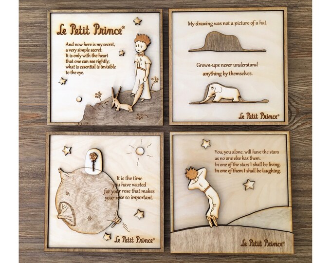 Wood Frame set of 4 - The Little Prince / Wood engraved frame / The Little prince wall decor
