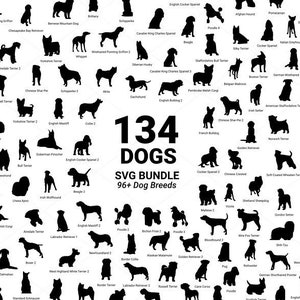 May include: A digital download of 134 dog breed silhouettes in black. The image shows examples of how the silhouettes can be used on a t-shirt, tote bag, and mug. The text "134 Dogs SVG Bundle 96+ Dog Breeds" is displayed in the image. The text "SVG, PDF, EPS, DXF, PNG" is also displayed in the image. The text "Separated Individual Vectors, Organized On 1 Page" is also displayed in the image. The text "100% Dog Filled Memories Included" is also displayed in the image. The text "Works With Any Printer Or Cutting Machine" is also displayed in the image. The text "Save Time, Super Easy To Use" is also displayed in the image. The text "Your Custom Text Here (Example)" is also displayed in the image. The text "100% Satisfaction Guarantee" is also displayed in the image. The text "Easily Build & Customize Your Project The Way You Want" is also displayed in the image. The text "Save Yourself Days Of Time, Energy & Frustration" is also displayed in the image. The text "Create That Perfect Moment For You or A Loved One" is also displayed in the image. The text "$19.99 $3.99 80% Off Sale Today (Limited Time)" is also displayed in the image.