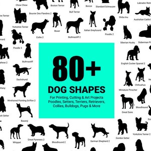 May include: A digital download of 80+ dog silhouettes in black on a white background. The silhouettes are labeled with the breed name. The text "80+ Dog Shapes" is in large black font on a teal background. The text "For Printing, Cutting & Art Projects" is in black font on a white background. The text "Poodles, Setters, Terriers, Retrievers, Collies, Bulldogs, Pugs & More" is in black font on a white background. The text "SVG, PDF, EPS, DXF, PNG" is in black font on a white background. The text "Separated Vectors, Labeled & Organized On 1 Page" is in black font on a white background. The text "100% Dog Filled Memories Included" is in black font on a white background. The text "Works With Any Printer Or Cutting Machine" is in black font on a white background. The text "Save Time, Super Easy To Use" is in black font on a white background. The text "100% Satisfaction Guarantee" is in black font on a white background. The text "Easily Build & Customize Your Project The Way You Want" is in black font on a white background. The text "Save Yourself Days Of Time, Energy & Frustration" is in black font on a white background. The text "Create That Perfect Moment For You or A Loved One" is in black font on a white background. The text "$14.99 $2.99" is in black font on a white background. The text "80% Off Sale Today (Limited Time)" is in black font on a yellow starburst background.