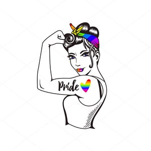 May include: A digital design featuring a woman with a rainbow heart tattoo on her arm, flexing her bicep. The woman is wearing a bandana with rainbow stripes. The text "Pride" is written on her arm. The design is available in SVG, PDF, EPS, DXF, and PNG formats.