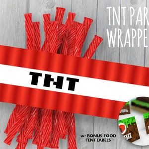 Mining Party TNT Wrappers w/ Bonus Food Labels. (Video Game Mine Theme Party) Licorice Candy Template Labels PDF Printable Wrap