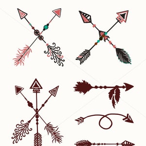 Peut inclure: Ensemble de huit motifs de flèches tribales en noir, marron, rose et sarcelle. Les flèches sont de styles variés, notamment des flèches croisées, des flèches simples et des flèches avec des plumes. Le texte "DEADLY TRIBAL ARROWS" est en noir sur fond jaune. Le texte "CLIPART SET SVG, PDF, PNG" est en noir sur fond blanc. Le texte "SEE BONUS..." est en noir sur fond blanc. Le texte "Heart Crafted By NENTRA" est en noir sur fond blanc.