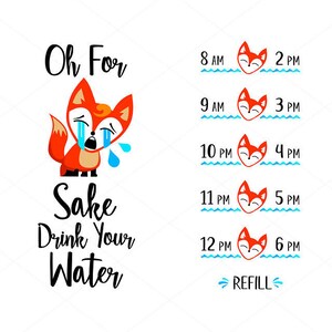 Pode incluir: Um download digital de um arquivo de corte de rastreador de água de raposa. O arquivo inclui uma raposa com o texto "Oh For Sake Drink Your Water". O arquivo está disponível nos formatos SVG, DXF, PDF, EPS e PNG. A imagem também mostra uma variedade de maneiras de usar o arquivo, incluindo em uma camiseta, uma bolsa de mão e uma garrafa de água.