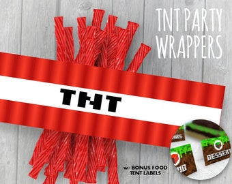 Mining Party TNT Wrappers w/ Bonus Food Labels. (Video Game Mine Theme Party) Licorice Candy Template Labels PDF Printable Wrap