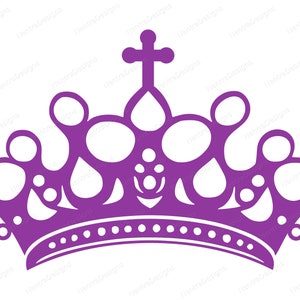 Könnte beinhalten: Eine violette Krone mit einem Kreuz oben. Die Krone hat ein detailliertes Design mit abgerundeten Spitzen und einem Band aus kleinen Kreisen.