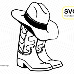 Bottes de cowboy et chapeau SVG, Cowgirl de style campagnard Rancher Téléchargement instantané, Iron On. Mac + PC, fichier PDF Vector Clip Art