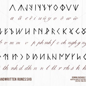 May include: Handwritten runes alphabet in black ink on a white background. The runes are arranged in three rows, with the corresponding letter written below each rune. The text "HANDWRITTEN RUNES SVG" is at the bottom of the image.