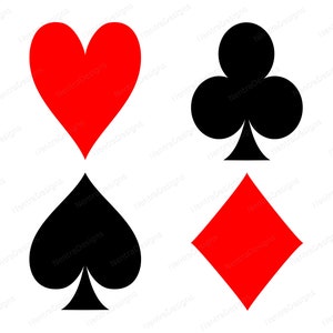 May include: Four playing card suits: a red heart, a black club, a black spade, and a red diamond.