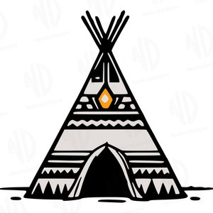 Könnte beinhalten: Schwarz-weiß-Illustration eines Tipis mit geometrischem Muster. Das Tipi hat eine kleine Öffnung unten und ein rautenförmiges Design oben.