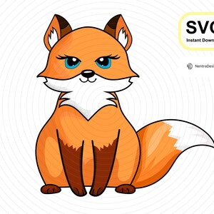 May include: A cartoon illustration of a cute orange fox with white fur on its chest and a white tip on its tail. The fox has blue eyes and a mischievous expression.