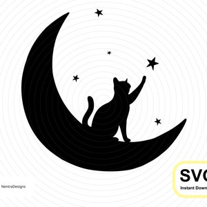 May include: Black silhouette of a cat reaching for a star on a crescent moon with a white background.
