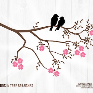 Albero rami amore uccelli SVG, coppia di sposi fiore albero bordo floreale Clipart, pdf dxf png Overlay, Download istantaneo Mac + PC
