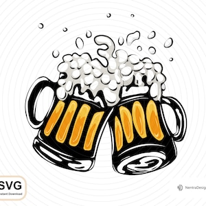 Könnte beinhalten: Zwei schwarze Bierkrüge, die aneinanderstoßen, gefüllt mit gelbem Bier und weißem Schaum. Die Krüge sind schwarz umrandet und haben einen weißen Hintergrund.